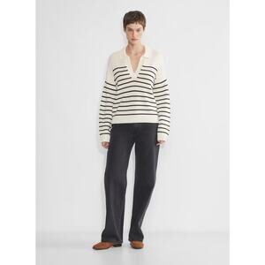 Aritzia Wilfred Polo Sweater Women's Size Small Cream/Navy Striped Merino Wool